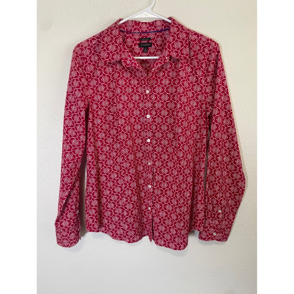 Talbots Button Down Shirt Womens 10 Red White Wrinkle Resistant Geometric Floral